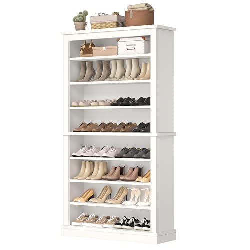 knoworld 71'' Tall Freestanding Shoe Cabinet with Open Storage, 9-Tier Thickened Wood Shoe Rack with Adjustable Shelves for Entryway, Hallway & Small Spaces, Modern White Storage Organizer (White)