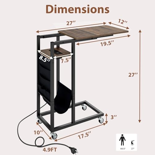 Giantex C Shaped End Table with Charging Station, 27’’H Slide Under Couch Side Table w/Wheels, Outlets & USB Ports, Storage Bag, Small Laptop Sofa TV Tray C Table for Living Room, Rustic Brown