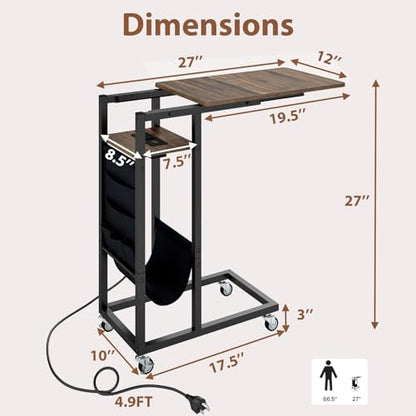 Giantex C Shaped End Table with Charging Station, 27’’H Slide Under Couch Side Table w/Wheels, Outlets & USB Ports, Storage Bag, Small Laptop Sofa TV Tray C Table for Living Room, Rustic Brown
