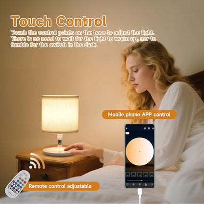 2pcs Table Lamps Bedroom USB C+A Ports, Remote and App, Stepless Dimming and 3 Modes Dimmable Touch Nightstand Bedside USB-C Ports Small Table Lamp Fully Control Light - White
