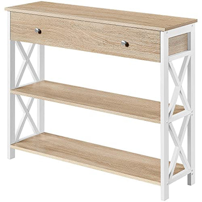 Topeakmart Sofa Console Table with 1 Drawer and 2 Open Storage, 3-Tier Hallway Table with Drawer for Living Room, Retro Console Table for Entryway, Light Oak - color: Light Oak, style: without Power Outlet
