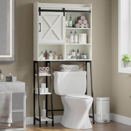Over The Toilet Storage Cabinet, Farmhouse Storage Cabinet Over Toilet with Sliding Door & Toilet Paper Holder Stand, Home Space-Saving Toilet Rack for Bathroom, Restroom - color: White, style: Single Slidding Doors