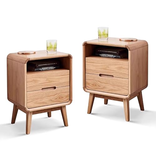 Solid Wood Nightstand Set of 2, Mid Century Modern Nightstand with Drawers, Natural Wood Nightstand with Storage, Wooden Night Stand, Small Nightstands, Bedside Table for Bedroom(23.23" H) - color: Natural Oak, style: 2 Drawer & Open Storage-2