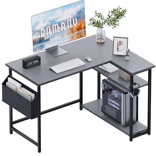 Pamray 40 Inch L Shaped Computer Desk with Reversible Side Storage Shelves, Small Corner Desk for Small Space Home Office, Writing Study Table PC Desk for Bedroom, Grey - color: Grey, size: 40 Inch