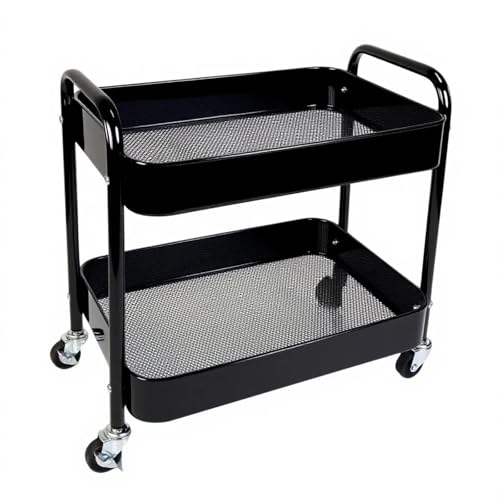 2 Tier Short Rolling Cart with Wheels for Under Desk Storage & Panrty Floor Organizer, Large Capacity Metal Kitchen Utility Cart, Sturdy Makeup Organizer for Small Space with 4 Hooks, Black - color: Black, size: 2-tier