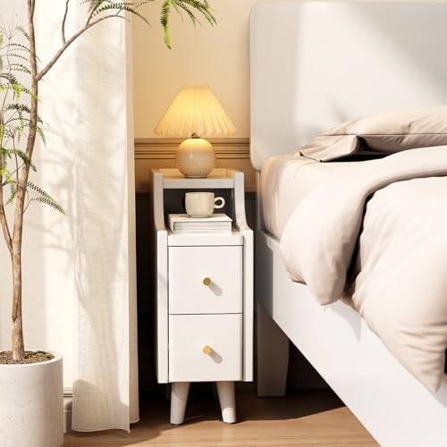 Narrow Nightstand with 2 Drawers,White Nightstand,Bedside Table,Solid Wood Modern Bedside Table for Bedroom,Study,Toilet - color: White, size: 15.75"D x 7.87"W x 22.32"H(2 Drawers)