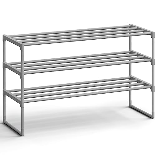 SONGMICS Shoe Rack, 3-Tier Shoe Organizer, Metal Storage Shelf, Upright or Upside Down, for 16-20 Pairs, Stackable, for Entryway, 11.8 x 36.2 x 21.7 Inches, Gray ULSA303G01 - color: Grey, size: 3 Tiers (36.2"W)
