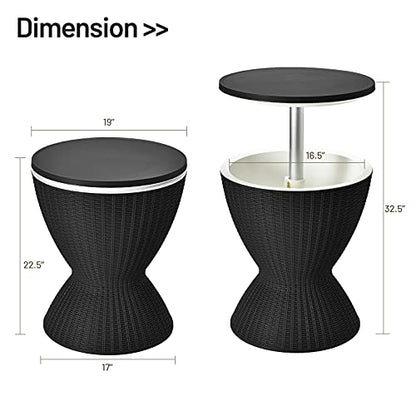 Tangkula Outdoor Cooler Table, Multi-Functional Cooler Bar Table, Adjustable Height Ice Cooler Side Table w/Drain Plug, 8 Gallon Beer & Wine Cooler, Rattan Style Patio Furniture for Pool Parties - color: Black
