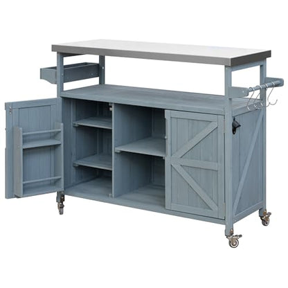 Merax 50" Outdoor Kitchen Grill Cart Island on Wheels with Stainless Steel Top,Farmhouse Style Solid Wood Frame Storage Cabinet - color: Grey Blue