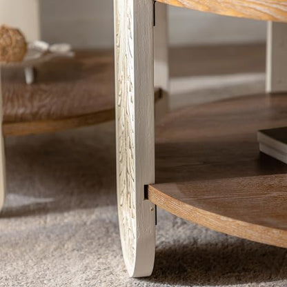 31.89'' Round Wood Coffee Table 2-Tier Circle Craft Rustic Coffee Table for Living Room, Modern Retro Farmhouse Carved Style, Easy Assembly, Natural Wood - color: Ø31.89''-natural Wood