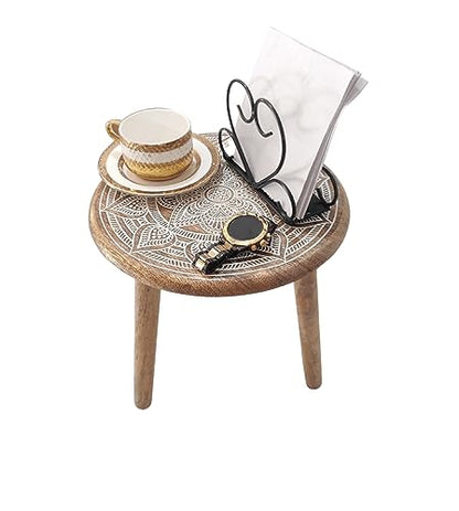 VANIYA CRAFTS® Wooden Engraved Fold-able Side Table/End Table/Plant Stand/Stool for Living Room Bedroom Restaurant Kids Play Furniture Table Round Shape (Natural White 1) - color: Natural White 1