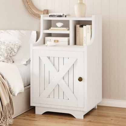 4ever2buy White Nightstand with Storage, 30" Tall Night Stand with Hutch | Farmhouse Tall Bedside Table End Table for Bedroom Living Room Sofa Office, White - color: White