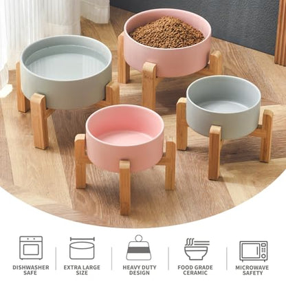 8'' Ceramic Raised Dog Bowl - 70Oz Dog Food & Water Bowl with Elevated Non-Slip Bamboo Stand, Dishwasher & Microwave Safe, Anti Vomiting Heavy Duty Pet Bowl for Medium and Large Dogs, Pink - color: 1 x Bowl + Stand - Pink, size: 8 inch