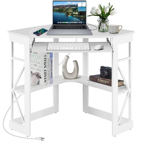 VECELO Corner Desk, Triangle Computer Desk for Small Space with Charging Station and Keyboard Tray, Corner Makeup Table with Storage Shelves for Home Office Bedroom, 41x30, White - color: White, size: 28" x 41" x 30"
