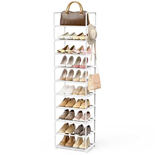 Metal Shoe Rack Organizer 10 Tiers, 20-24 Pairs Narrow Tall Shoe Racks for Closets Entryway - Vertical Boots Organizer Storage - Sturdy Shoe Shelf Cabinet White - color: White