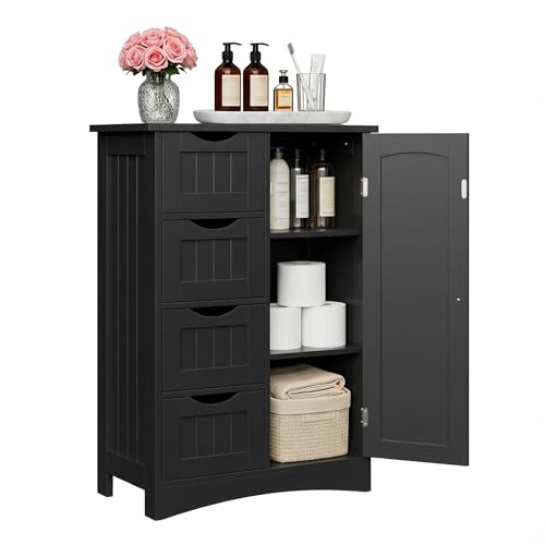 ZENY Bathroom Floor Storage Cabinet, Side Storage Organizer with 4 Drawers and 1 Cupboard, Adjustable Shelf Freestanding Entryway Storage Unit for Living Room/Bathroom (Black) - color: Black