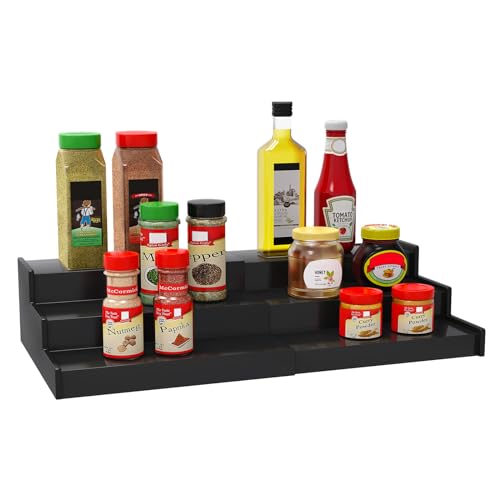 Lenwi Spice Rack Organizer for Cabinet, 3 Tier Expandable Bamboo Spice Storage for Kitchen Cupboard Pantry, Black - color: Black