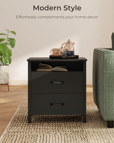 Farmhouse Nightstand Set of 2, Rustic Nightstand with 2 Drawers, Wood End Table with Open Shelf, Side Table for Bedroom, Black - color: Black, size: 2 Pieces