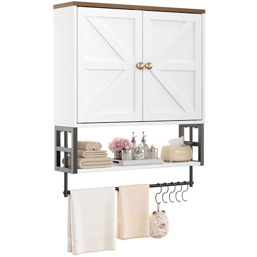 Wall Mounted Bathroom Storage Large Farmhouse Medicine Cabinet | 2 Doors & Adjustable Shelves 5 Hooks, 3-Tier for Over-Toilet, Laundry, Living, Bedroom, Kitchen, Space Saving - color: 1-white, size: 21.65" L