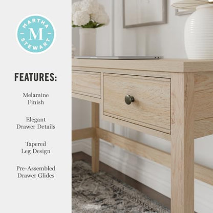 Martha Stewart Rhett Writing Desk with 3 Drawers and Tapered Legs in Light Natural with Antique Bronze Hardware