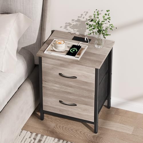 Vagusicc Nightstand Set of 2 with Charging Station, End Table Bedside Table with Power Outlet & USB Ports, Side Table with 2 Fabric Drawers for Bedroom, Living Room, Greige - color: Greige (2 Pack)