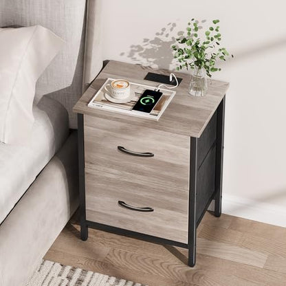 Vagusicc Nightstand Set of 2 with Charging Station, End Table Bedside Table with Power Outlet & USB Ports, Side Table with 2 Fabric Drawers for Bedroom, Living Room, Greige - color: Greige (2 Pack)