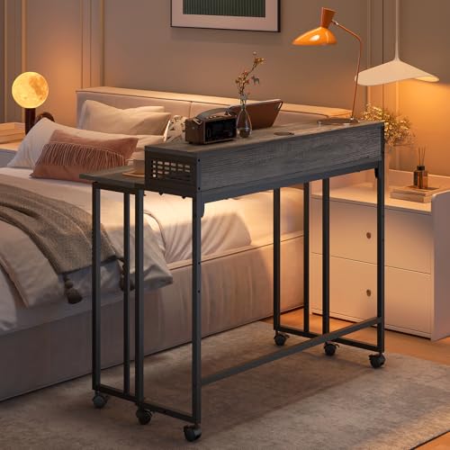 Gezen Folding Desk with Storage Shelf, Small Rolling Desk with Wheels, Mobile Sofa Side Table Bed Desk for Home Office Small Space, Dark Grey, 39.4" - color: Dark Grey, size: 39 inches