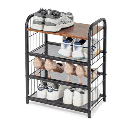 Small Shoe Rack for Entryway Closet, 4-Tier Narrow Shoe Shelf | Slim Vertical Shoe Storage Organizer with Guardrails, Metal Mesh Shelves, Wooden Top, Free Standing, for Front Door Entrance - size: 17.32" X 10.24" X 23.03"