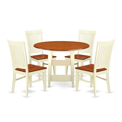 East West Furniture SUWE5-BMK-W 5 Piece Dining Table Set for 4 Includes a Round Kitchen Table with Dropleaf & Shelves and 4 Kitchen Dining Chairs, 42x42 Inch, Buttermilk & Cherry - style: SUWE5-BMK-W