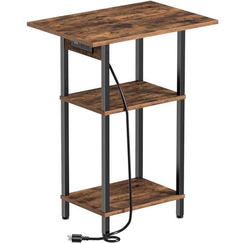 Asgolion Tall End Table with Charging Station, Skinny Nightstand with USB Ports and Outlets, 3 Tier Narrow Side Table with Storage for Bedroom, Living Room, Office, Rustic Brown and Black - color: Rustic Brown, size: 30"H