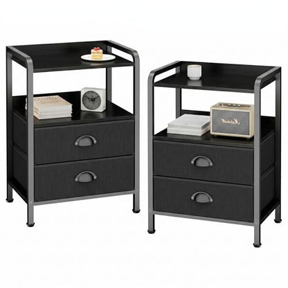 Night Stand Set 2, Nightstand with 2 Fabric Drawer, End Table with Open Shelf, Bedside Table Side Table with Wooden Top for Bedroom, Black - color: Black(2drawer), size: Set of 2