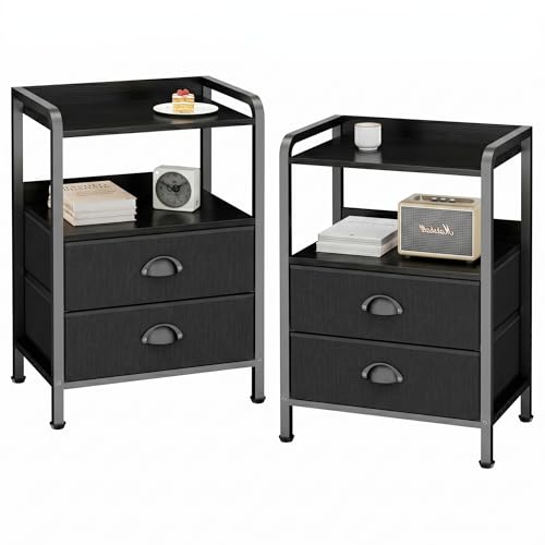 Night Stand Set 2, Nightstand with 2 Fabric Drawer, End Table with Open Shelf, Bedside Table Side Table with Wooden Top for Bedroom, Black - color: Black(2drawer), size: Set of 2