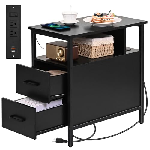 Livofloral Black Side Tables, End Table with Charging Station, Narrow End Table with 2 Wooden Drawers, USB Ports and Power Outlets, Slim Nightstand and Bedside Table, End Tables Living Room, Bedroom - color: Black