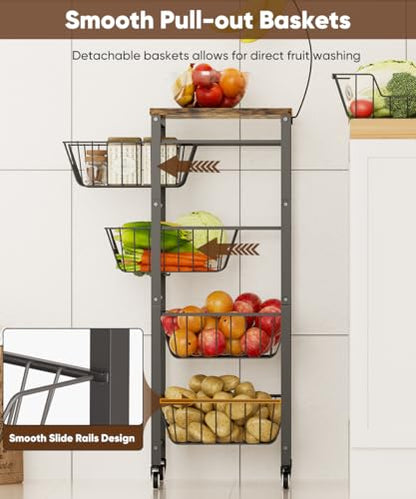 Fruit Vegetable Storage Cart for Kitchen, 5-Tier Vegetable Stand Rack with Pull-Out Fruit Baskets, Rolling Snack Cart with Wood Top & Banana Holder for Pantry, Living Room, Bathroom, Black - style: Black