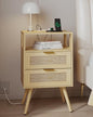 JOONEE Rattan Nightstand with Charging Station,Farmhouse Bedside Table with 2 Storage Drawer and Open Wood Shelf, for Bedroom and Small Spaces,Night Stand with Solid Wood Legs (Yellow Oak-Outlet) - color: Yellow Oak-outlet
