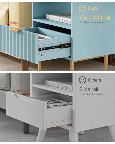 Night Stand,Modern Bedside Table with Drawer and Shelf,Blue Night Stand with Gold Frame,Small Side Table for Bedroom,Living Room - color: Blue