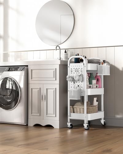 ALVOROG 3 Tier Rolling Cart with DIY Pegboards Metal Utility Cart with Wheels Handles Baskets Hooks, Storage Cart for Office Kitchen Bathroom(White) - color: White