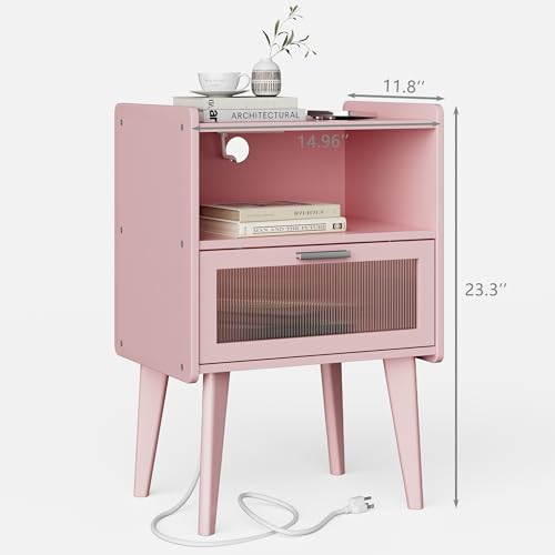 MMEOLUOOK Nightstand with Charging Station, Bedside Tables Pink End Table Side Table with 2 Tiers Storage Space, for Bedroom Living Room MLBZ07PE - color: Pink