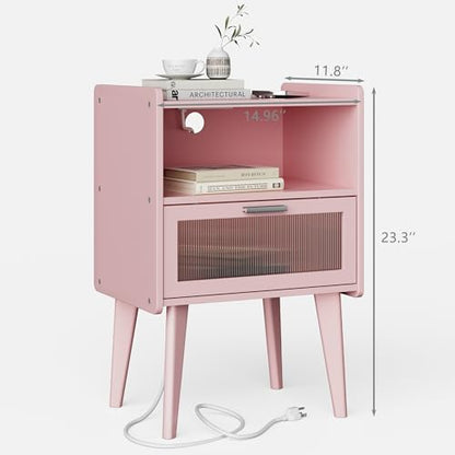 MMEOLUOOK Nightstand with Charging Station, Bedside Tables Pink End Table Side Table with 2 Tiers Storage Space, for Bedroom Living Room MLBZ07PE - color: Pink