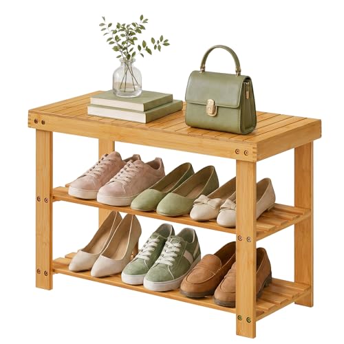 SONGMICS HOME 3-Tier Bamboo Shoe Bench, Shoe Rack, for Entryway Bathroom Bedroom, 11.5 x 27.8 x 18 Inches, Natural - color: Natural