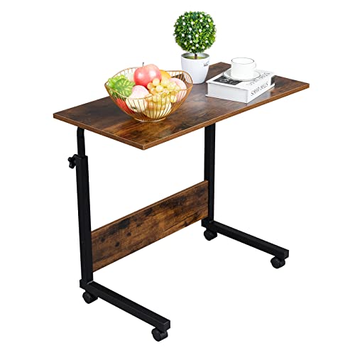 Karl home Mobile Side Table 31.5 Inch Computer Desk with Wheels Height Adjustable Rolling Potable Laptop Cart, C-Shaped Bed Couch End Tables with Edge Stopper for Livingroom Bedroom, Rustic Brown - color: Rustic Brown, size: 31.5"+No Power Sockets