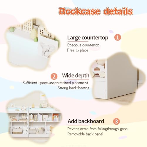 Lkeiyay Kids Bookshelf with LED Lights, Montessori Storage Unit, White | Freestanding open cubby kids bookcase with LED light, rounded safety edges, perfect for kids bedroom, playroom & nursery - color: All White