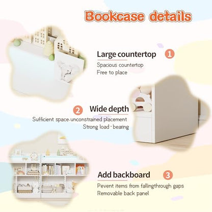 Lkeiyay Kids Bookshelf with LED Lights, Montessori Storage Unit, White | Freestanding open cubby kids bookcase with LED light, rounded safety edges, perfect for kids bedroom, playroom & nursery - color: All White