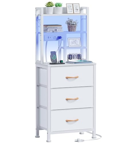 Tall Nightstand, White Night Stand & Bedside Table for Bedroom | LED Lights & USB Ports & type-C, 3 PVC Fabric Drawers and 4-Tier Storage Shelf, Bedside Table for Bedroom, Dorm - color: White, size: 3 Drawer