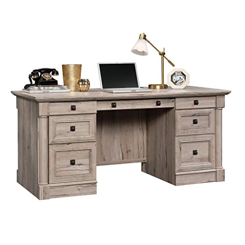 Sauder Palladia Office Desk with Drawers, Executive Desk with File Cabinet Storage, Cable Management, Keyboard Tray, in Split Oak Finish - color: Split Oak