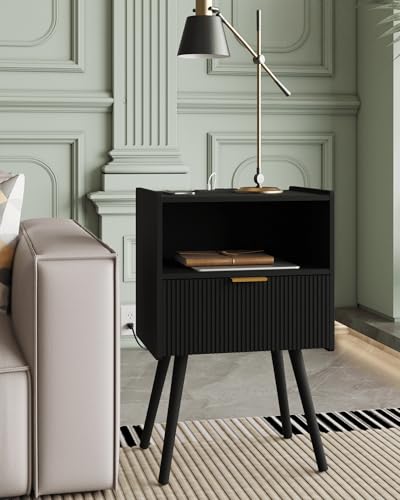 Veegle Nightstand,Modern Bedside Table with Storage Drawer and Open Wood Shelf, Accent Night Stand with Solid Wood Legs for Living Room, Bedroom and Small Spaces,Easy Assembly (Black-Outlet) - color: Black-outlet