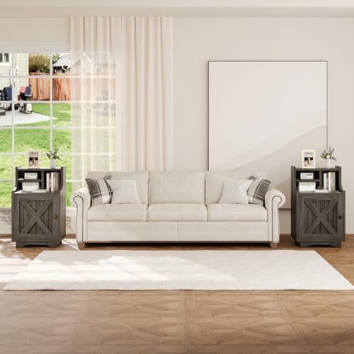 4ever2buy Grey Nightstand Set of 2, 30" Tall Night Stand with Hutch | Farmhouse Tall Bedside Table End Table for Bedroom Living Room Sofa Office, Storage Cabinet, Wash Grey - color: Wash Grey