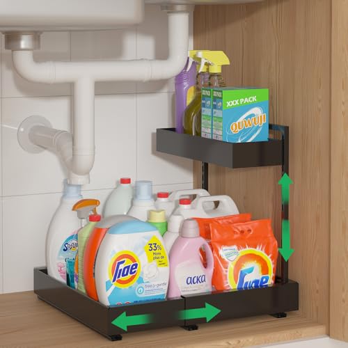 REALINN L-Shaped Under Sink Organizer with 6-Level Height Adjustment & Expandable Width, Pull-Out Cabinet Storage Rack with Quiet Sliding Rails for Kitchen, Bathroom, Laundry Room Cabinets, Black - color: Black, size: 1 Pack