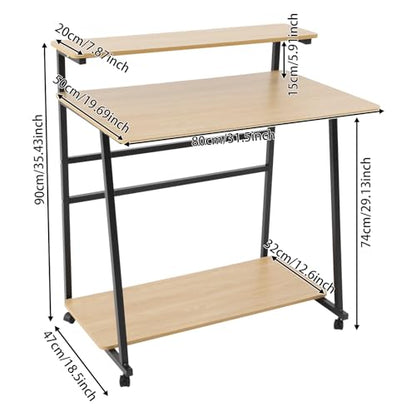 3 Tiers Rolling Computer Desk, 31.5 Inch Home Office Desk with 4 Wheels & 4 Foot Pads, Mobile Small Computer Desk, Student Study Table for Small Space Bedroom (Black+Log Color) - color: Black+log Color