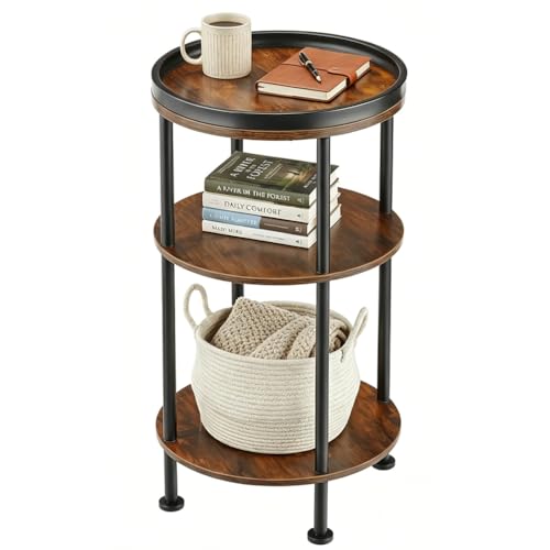 Small Round Side Table with Tray Top, Rustic Brown | Patented Design, 11.8" Narrow End Table for Small Spaces, 3-Tier Industrial Accent Table for Living Room Bedroom Nightstand - color: Rustic Brown, style: Classic